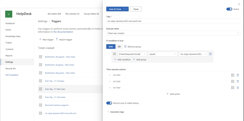 Nel Hydrogen's HelpDesk trigger editor with a requester email condition and Set field actions for new SharePoint tickets
