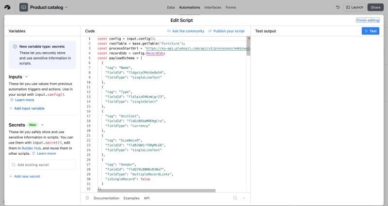 Airtable automation Run script action containing the copied document generation script