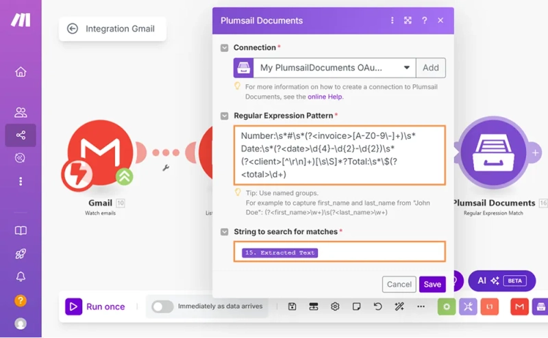 Plumsail RegExp Match configuration for extracting PDF fields