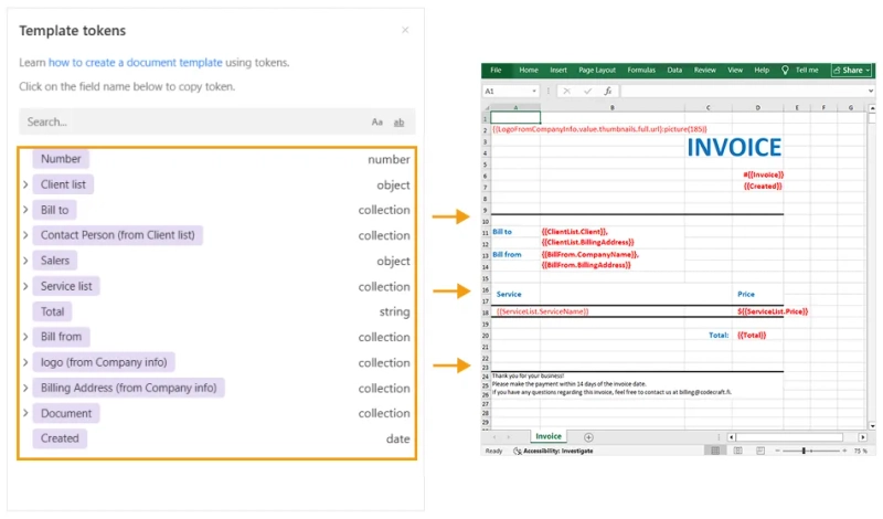Airtable to Plumsail Documents token mapping preview