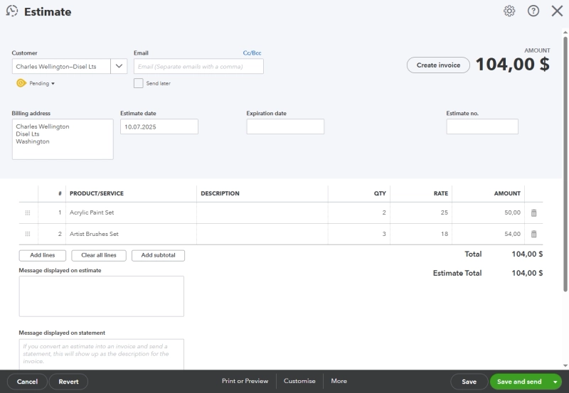 New estimate in QuickBooks