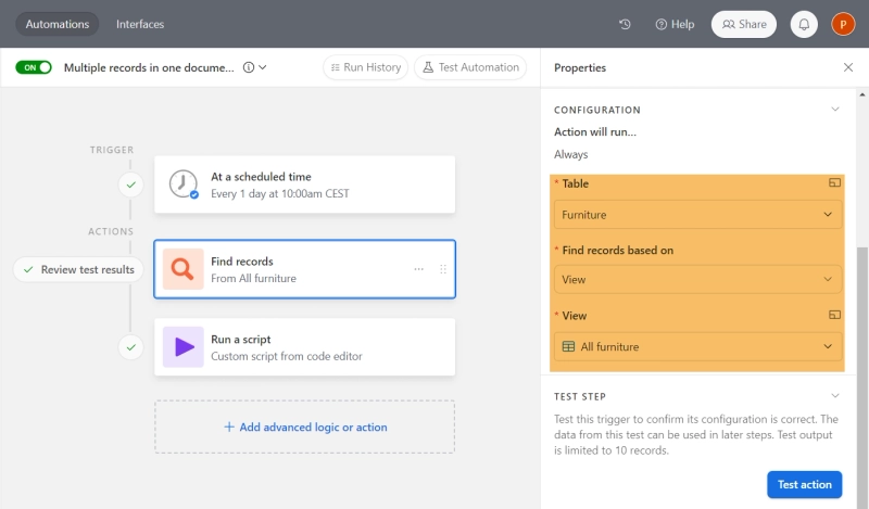 Airtable automation Find records action configured to retrieve records from a table view