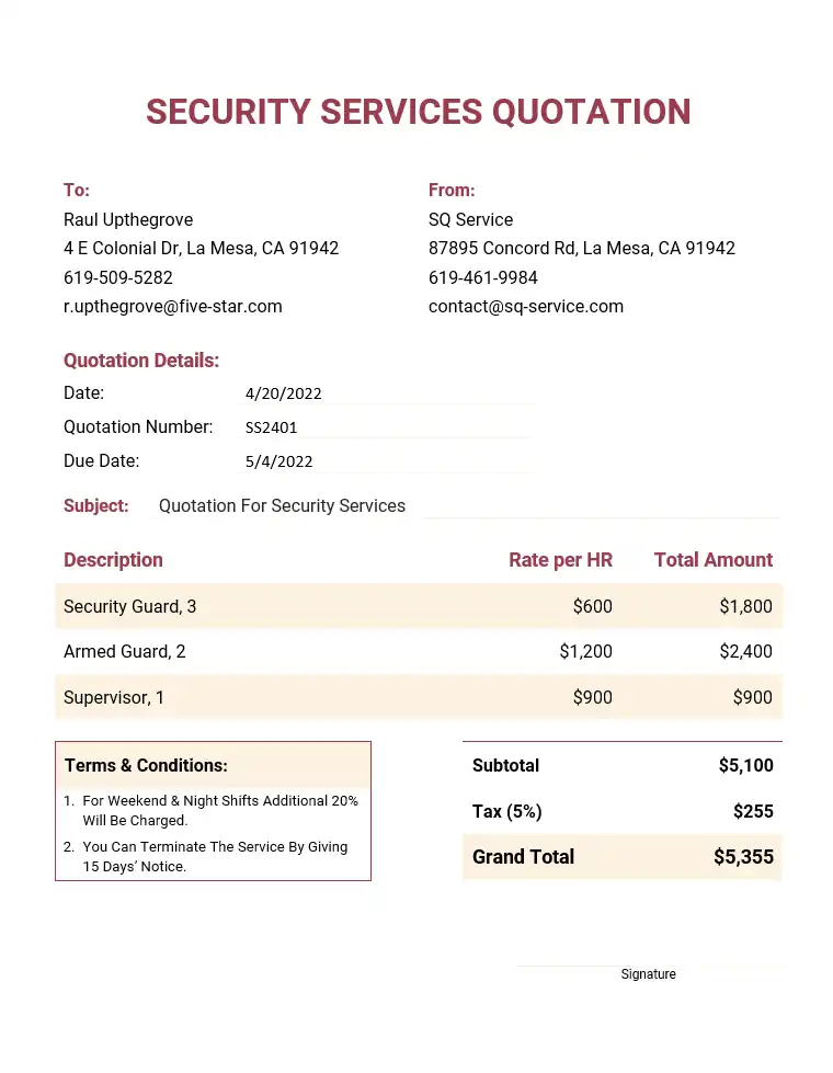 Security service quotation free template