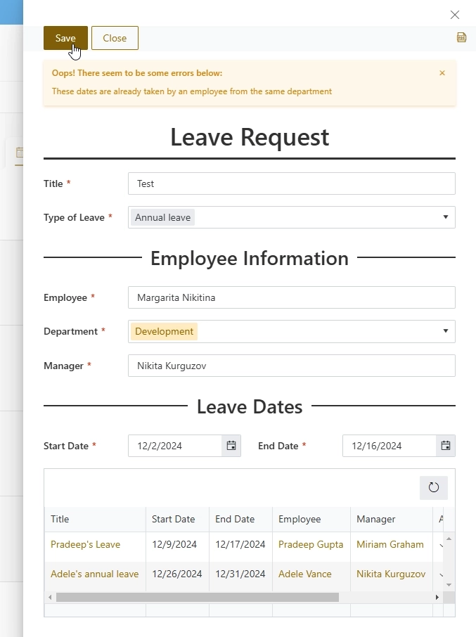 Dates are already taken by another employee in the same department