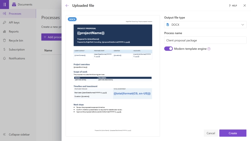 Project proposal DOCX template uploaded to a new Plumsail Documents Process