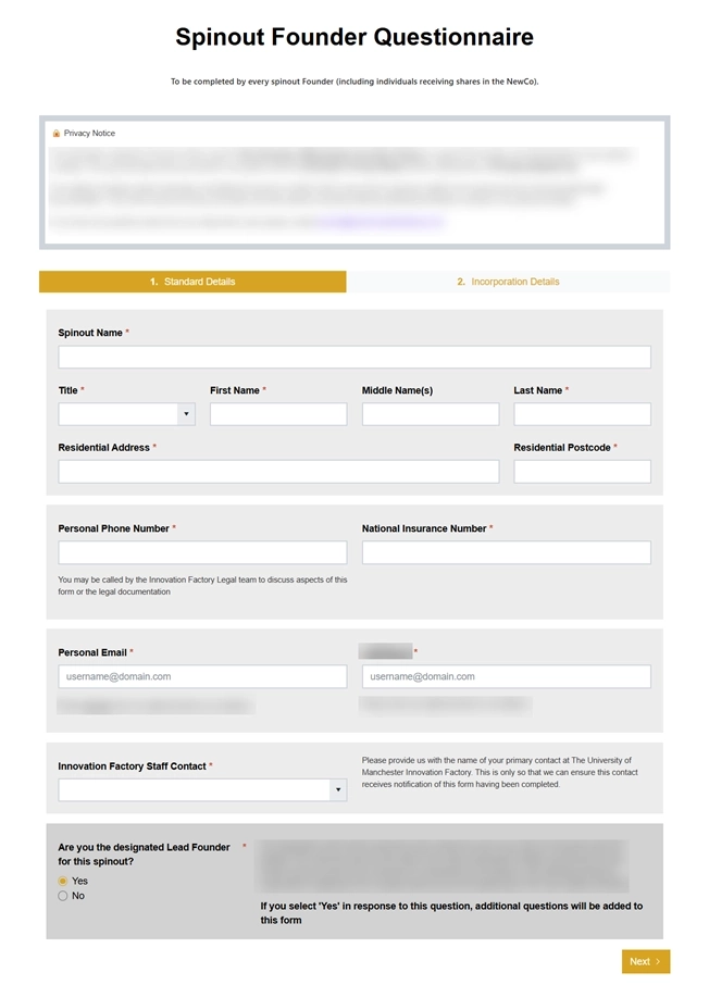Founders Questionnaire form
