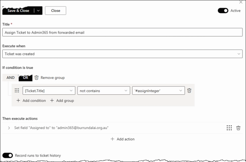 Assign ticket to Admin 365 from forwarded email