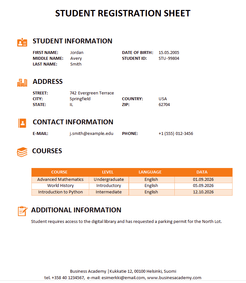 Student registration sheet