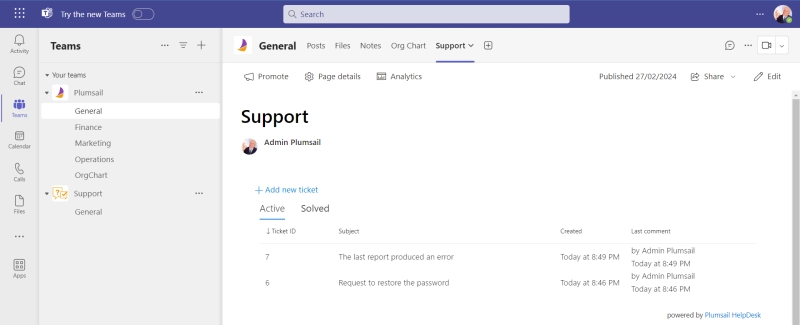 Plumsail HelpDesk added to Microsoft Teams