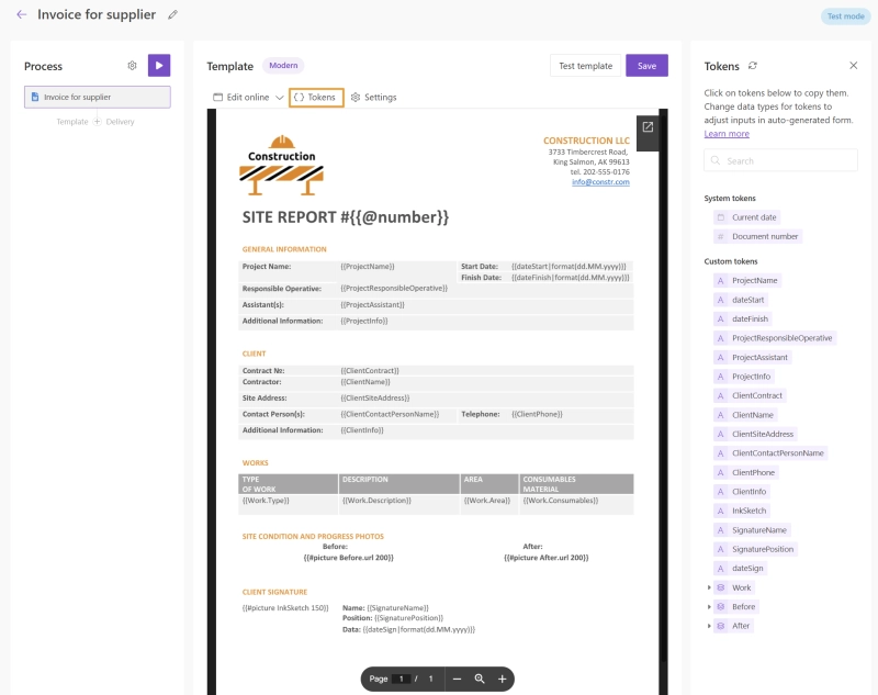 Plumsail Documents - configure the template with tokens