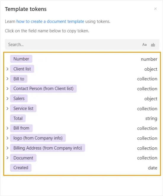 Template token list