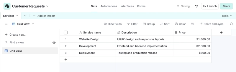 Services table in Airtable base