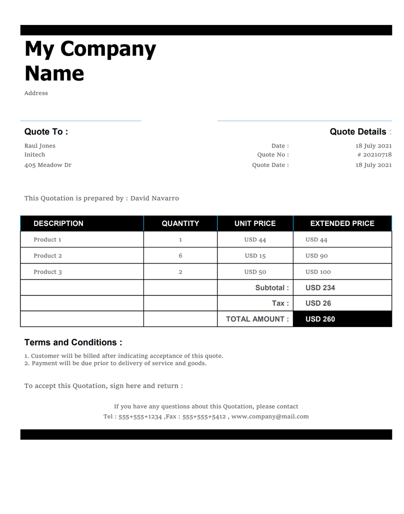 Price quotation quote template