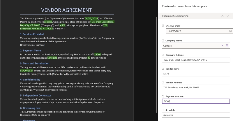 Content assembly interface - form and document preview