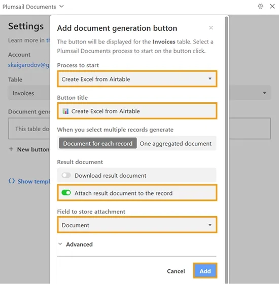 Configure button dialog