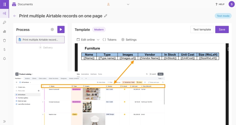 Airtable record tokens placed inside a repeating table row in the document template