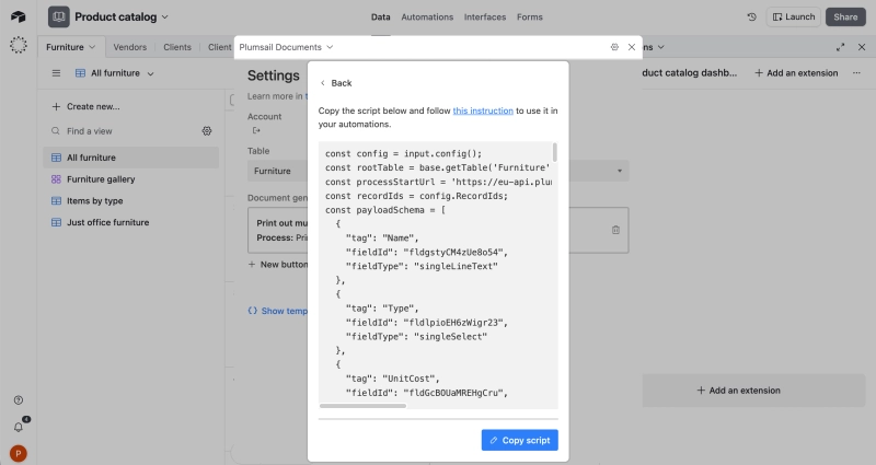 Airtable button configuration showing the script to copy for an automation