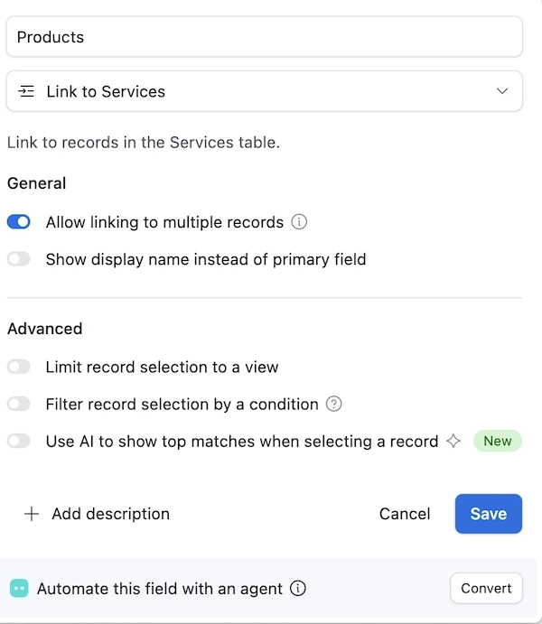 Services field settings