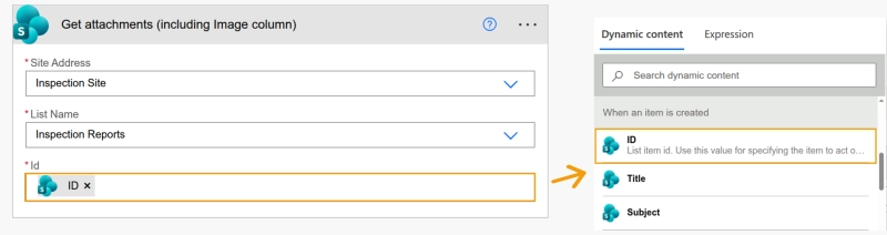 Power Automate Get attachments action configured with the item ID from the SharePoint trigger