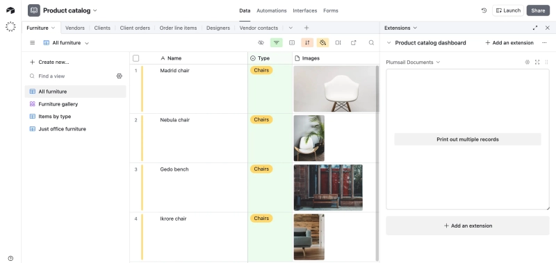 Multiple Airtable furniture records selected for document generation