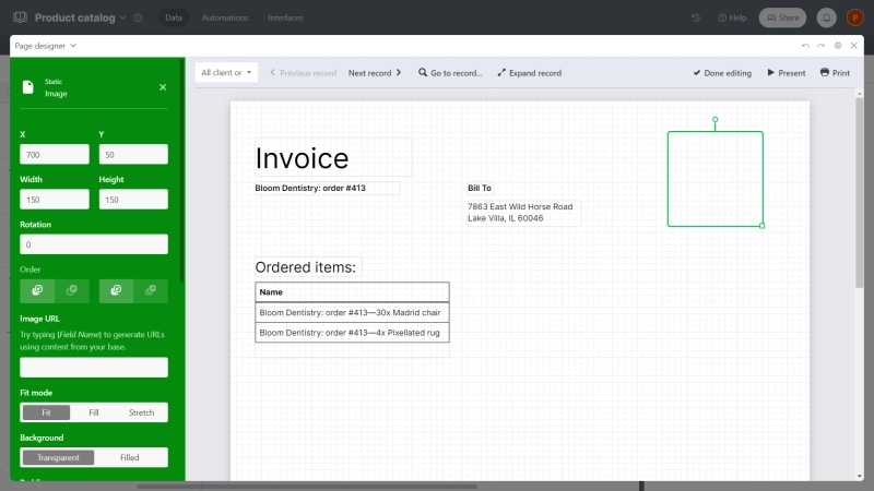 Airtable Page Designer interface with a grid view