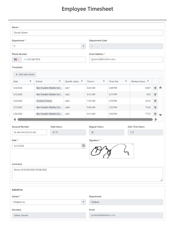 Employee Timesheet form filled in