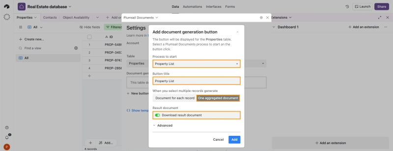 Extension button setup for Airtable create PDF