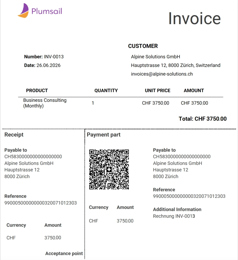 Generated invoice with Swiss QR Bill