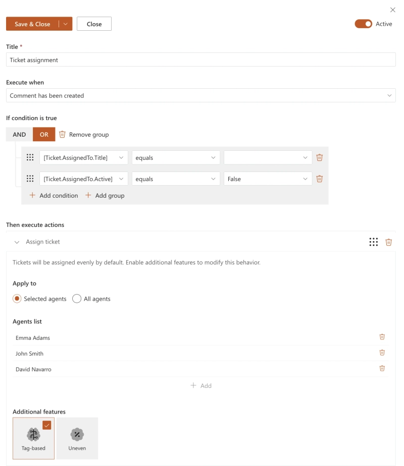 Tag-based ticket assignment trigger