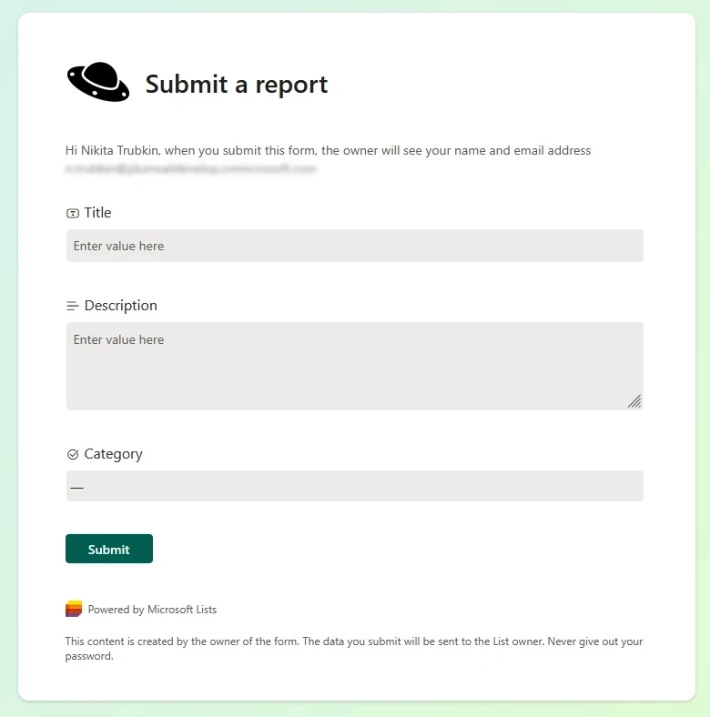 Microsoft Lists published form without selected category