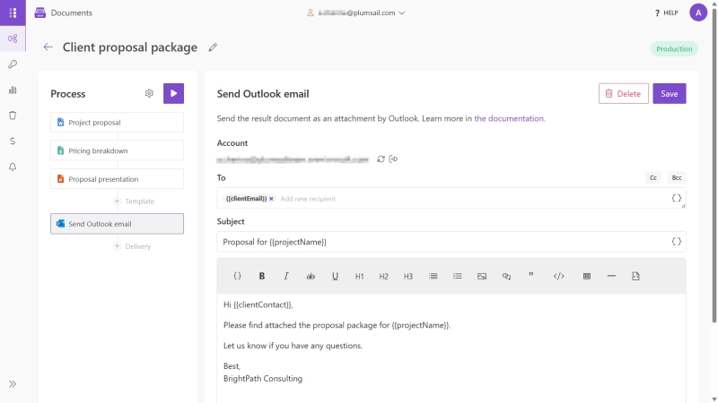 Outlook delivery configured to email all documents from a Plumsail Document set