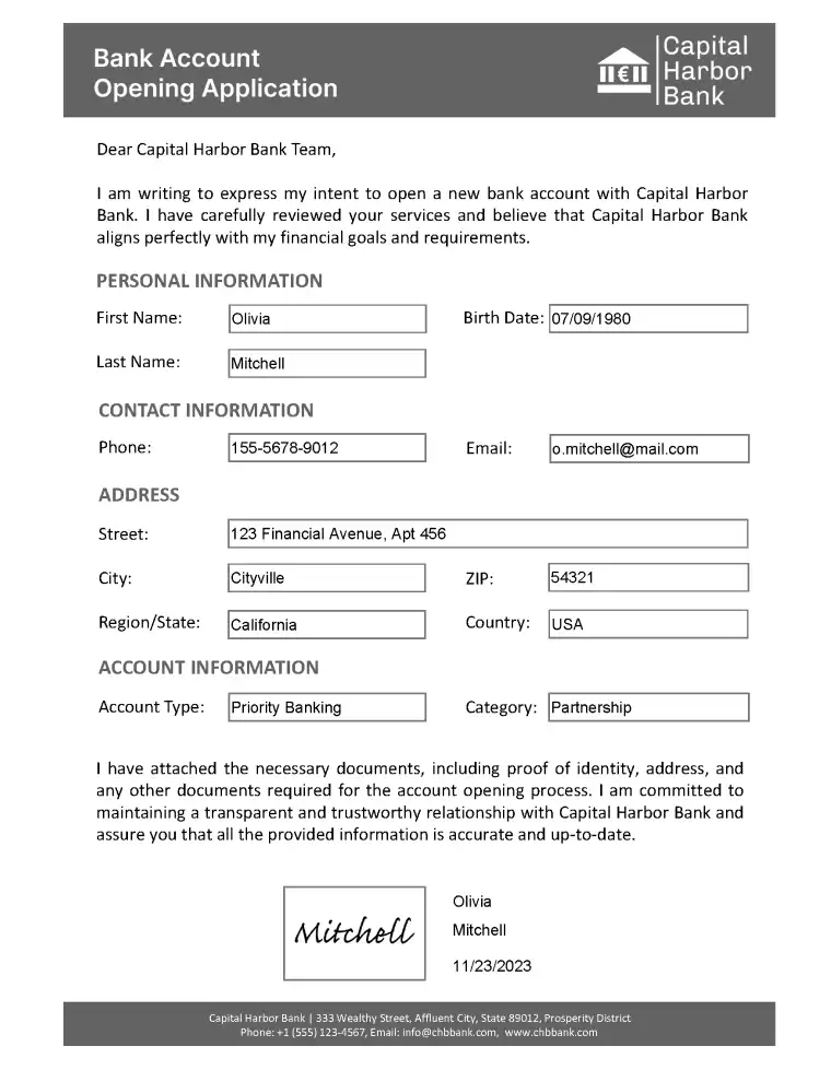 Free bank account opening application fillable PDF template.