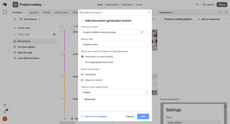 Configure Create document button