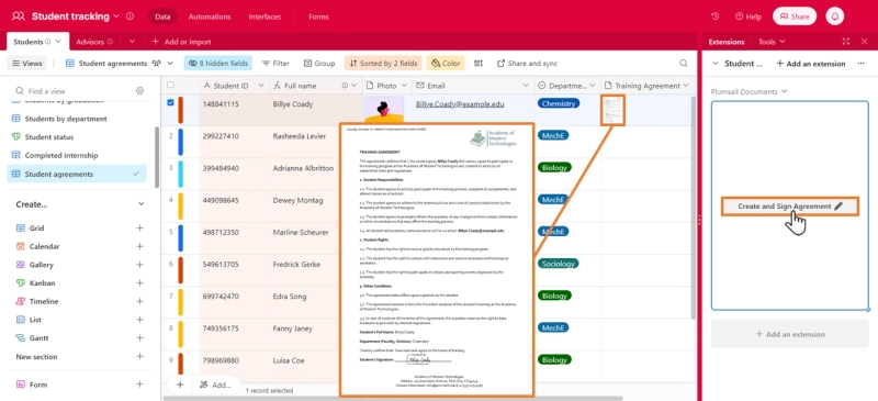 Create and sign an agreement using data from Airtable, with DocuSign and Plumsail Documents.