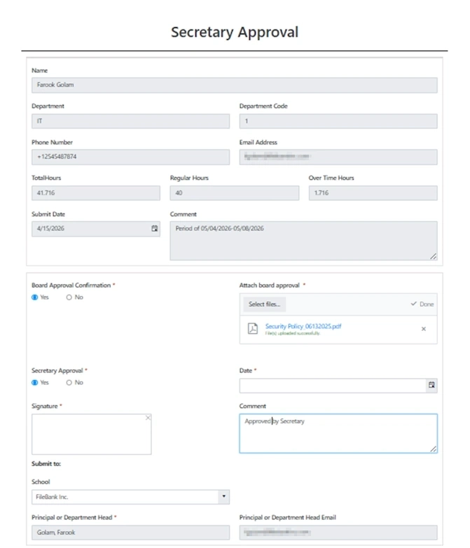 Secretary Approval form