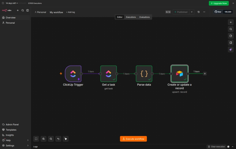 n8n workflow to sync ClickUp project management with Airtable