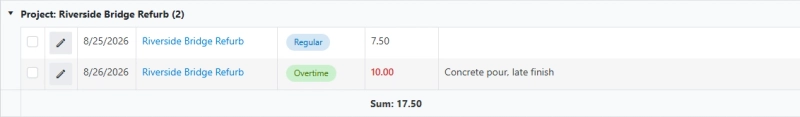 Overtime hours highlighted in the control