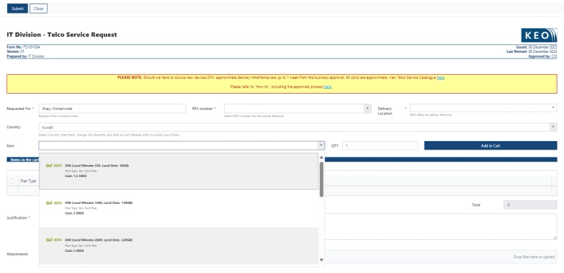 Telco Service Request form