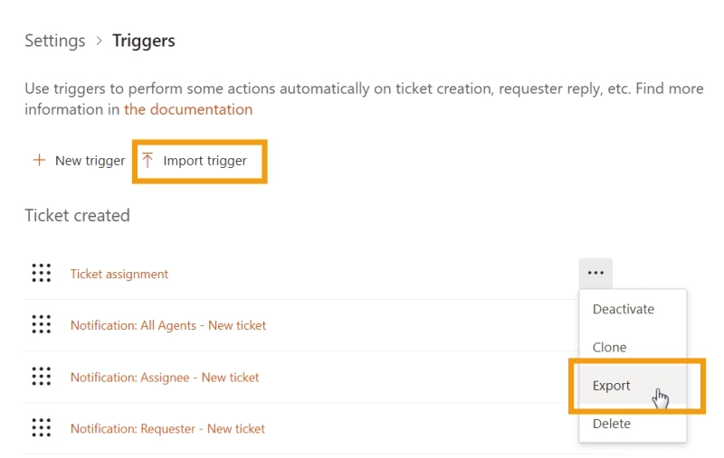 Import/export trigger settings