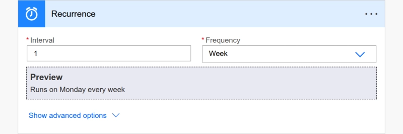 Power Automate recurrence trigger configured to run the report every Monday