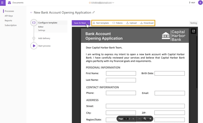 Edit bank account opening template