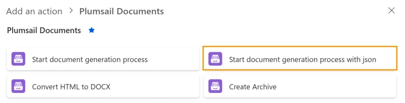 Plumsail Documents connector action list in Power Automate showing Start document generation process with JSON