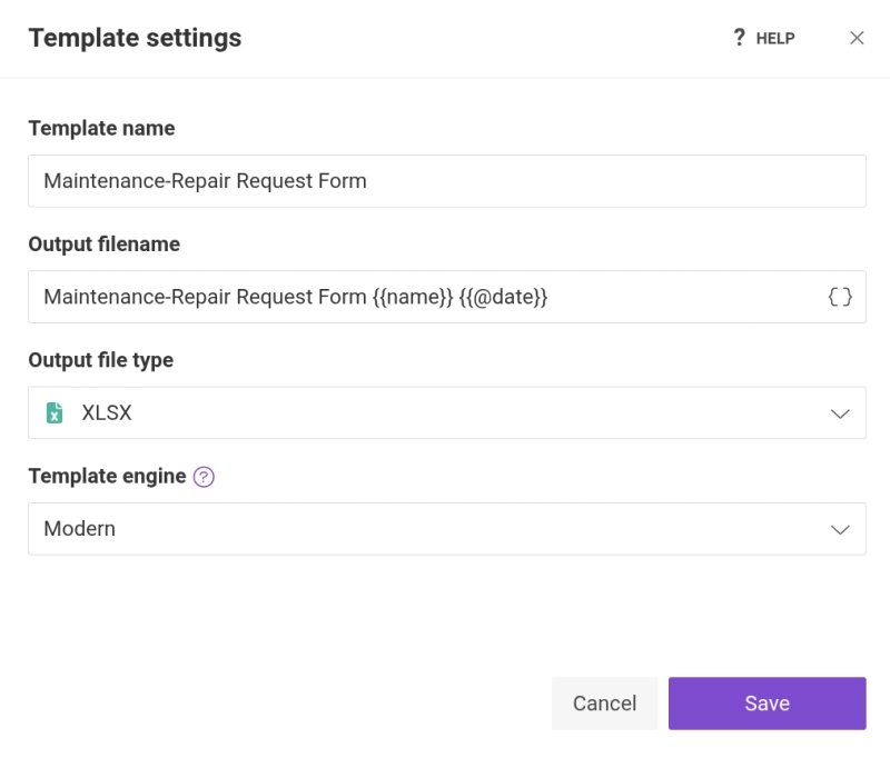 Excel XLSX template settings in editor