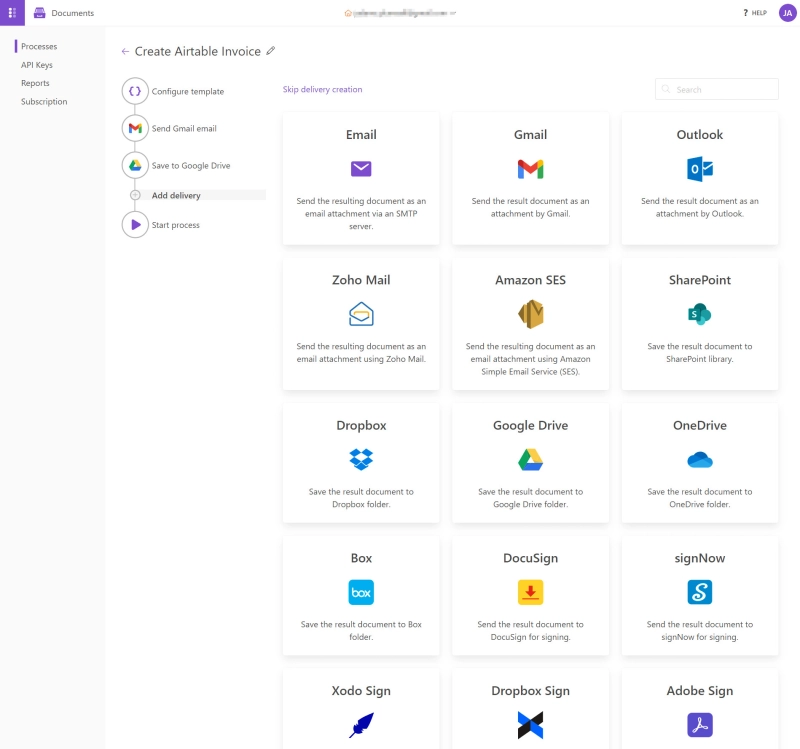 Showcase of Plumsail Documents built-in deliveries for the generated documents