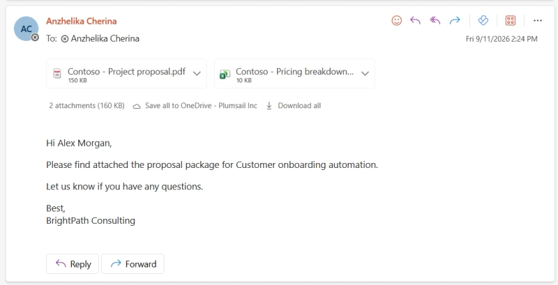 Outlook emails showing three generated files with presentationRequired true and two files with it false