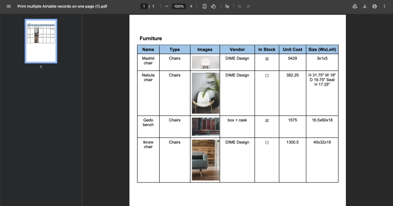 Multiple Airtable records displayed on one page in a single generated document