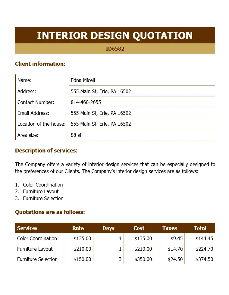 Interior design quotation free template