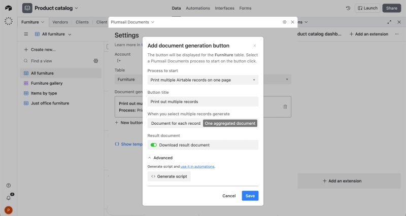 Airtable button settings showing the option to generate a script for automation