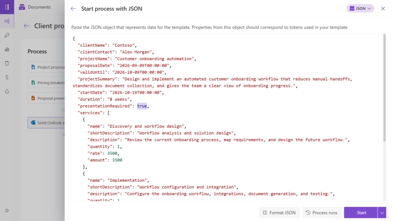 JSON data used to run the sales proposal Document set in Plumsail Documents