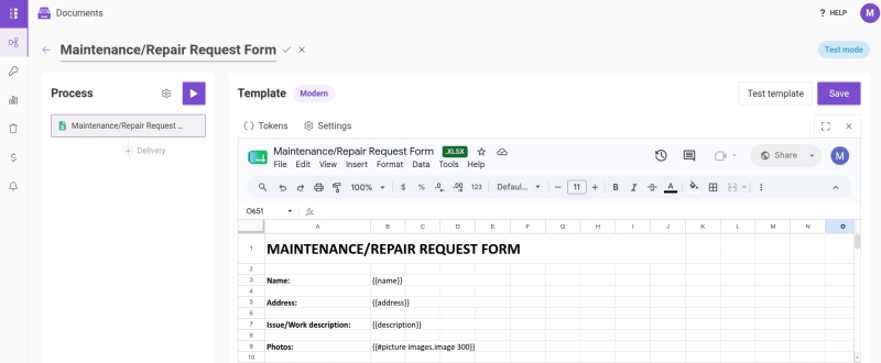 Excel XLSX template uploaded in editor